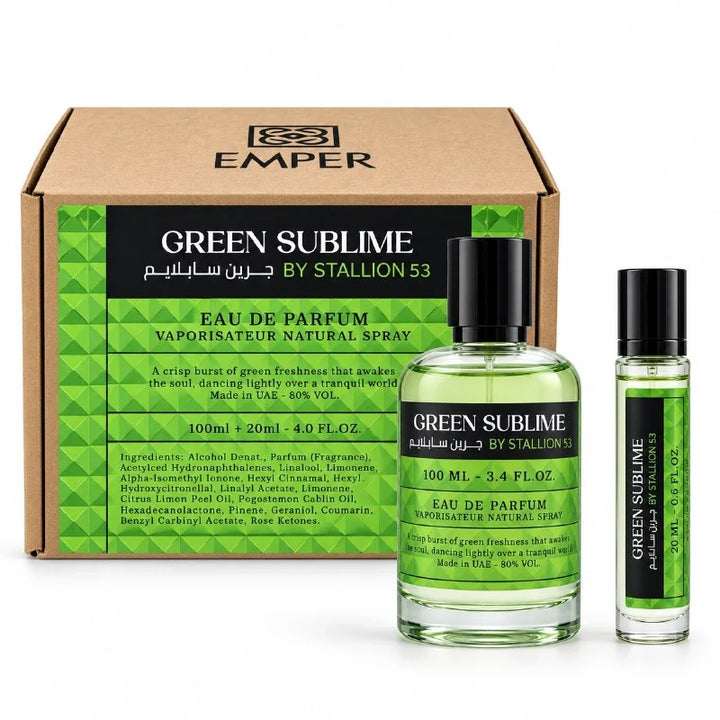Emper Green Sublime by Stallion 53 Eau de Parfum 100ml / 3.4 oz Spray For Unisex - Gift Set
